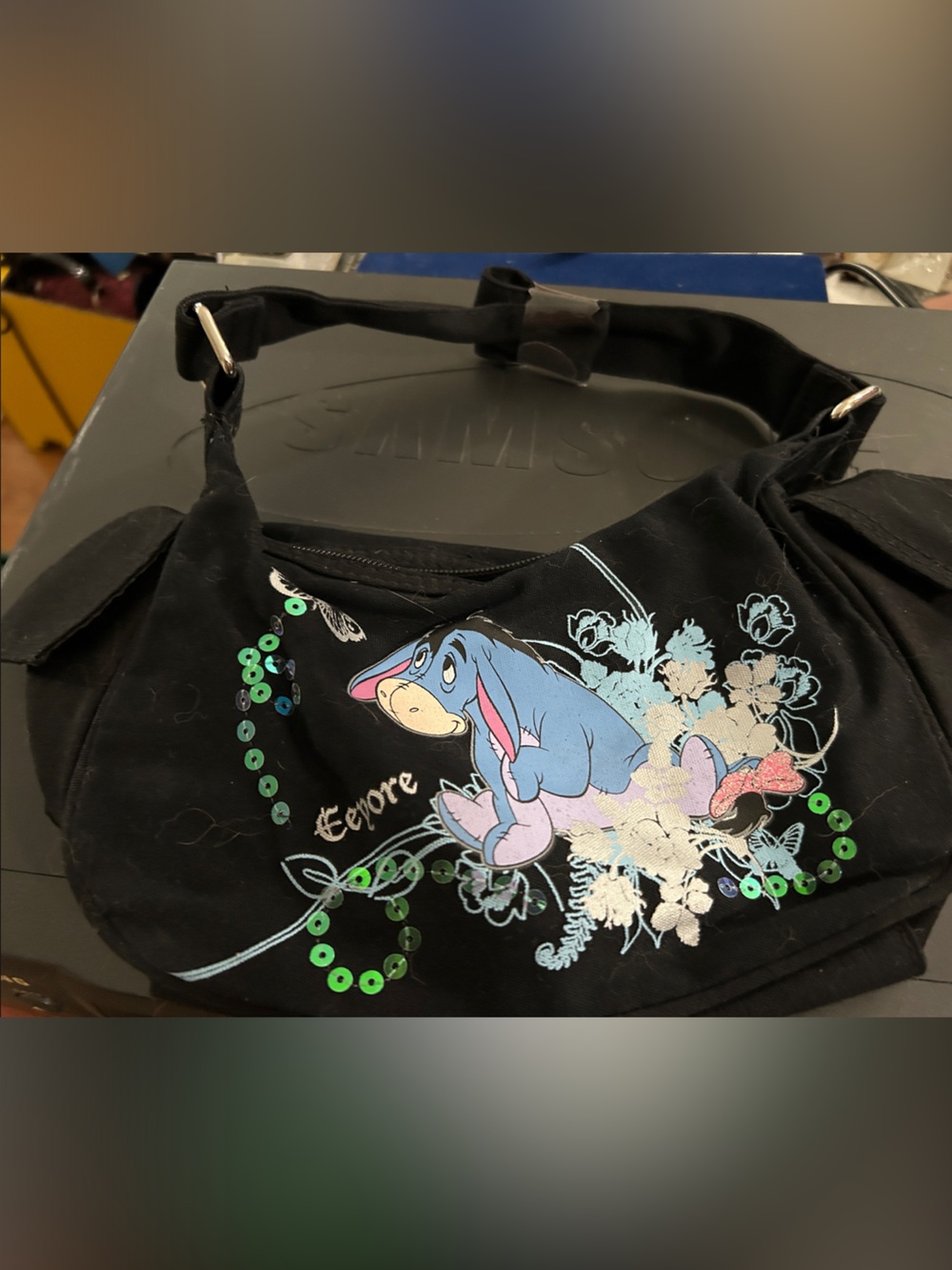 Black Eeyore Sequin Graphic hobo bag handbag tote
